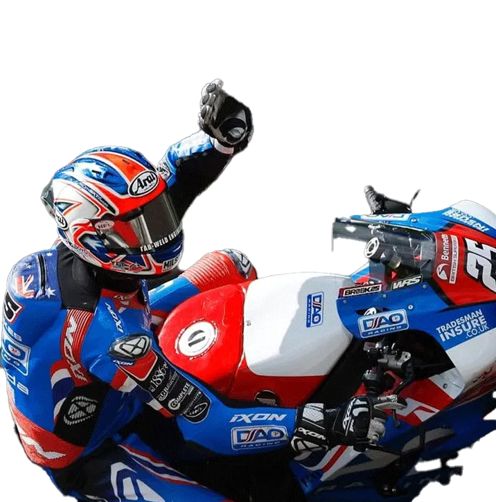 British Superbikes rider in TradesmanInsure-sponsored leathers on a race bike