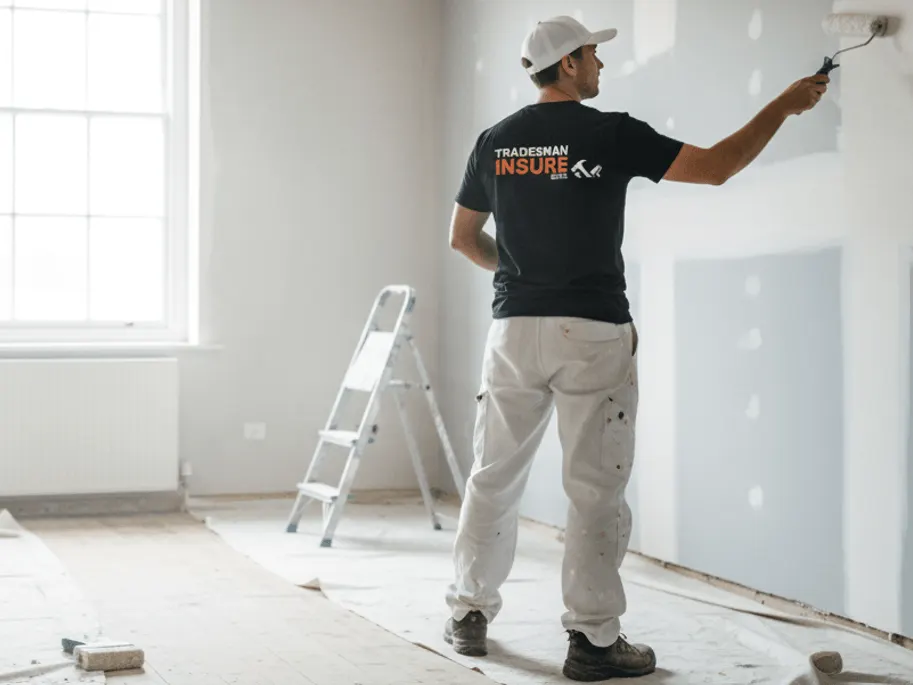 Painter in a TradesmanInsure t-shirt rolling paint onto a wall in an empty room