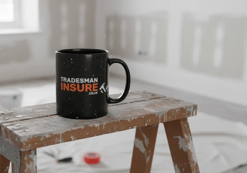 TradesmanInsure mug on a paint-splattered wooden trestle in a half-decorated room